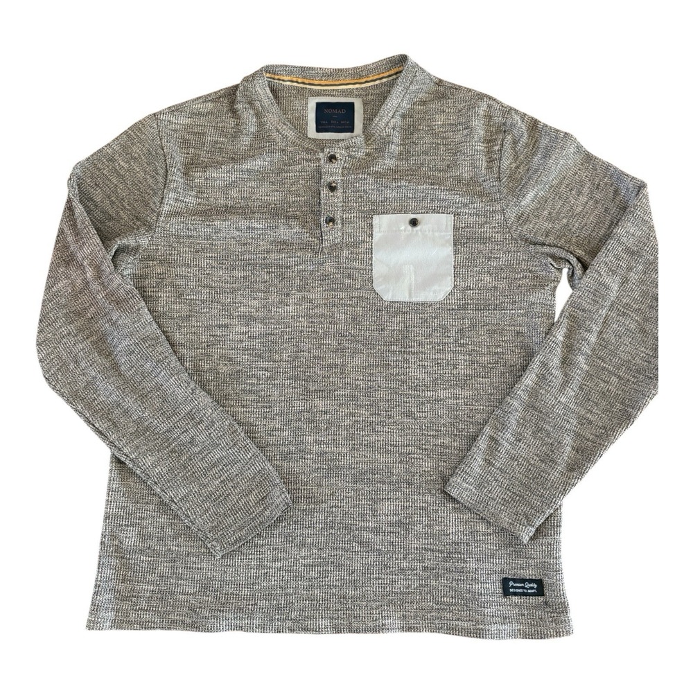 Nomad Sweater Men's Brown‎ Large Henley Knit Pocket Patch Long Sleeve Pullover